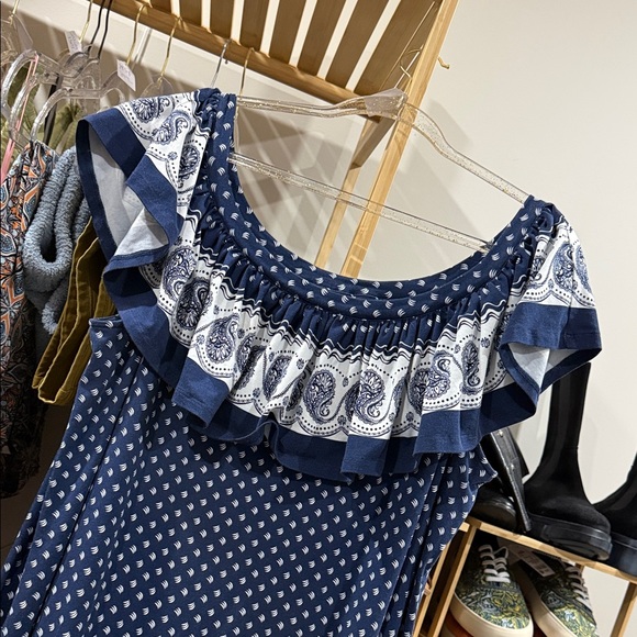 Lands' End Navy Polka Dot Maxi Dress Off the Shoulders 2X Stretch - Picture 3 of 7